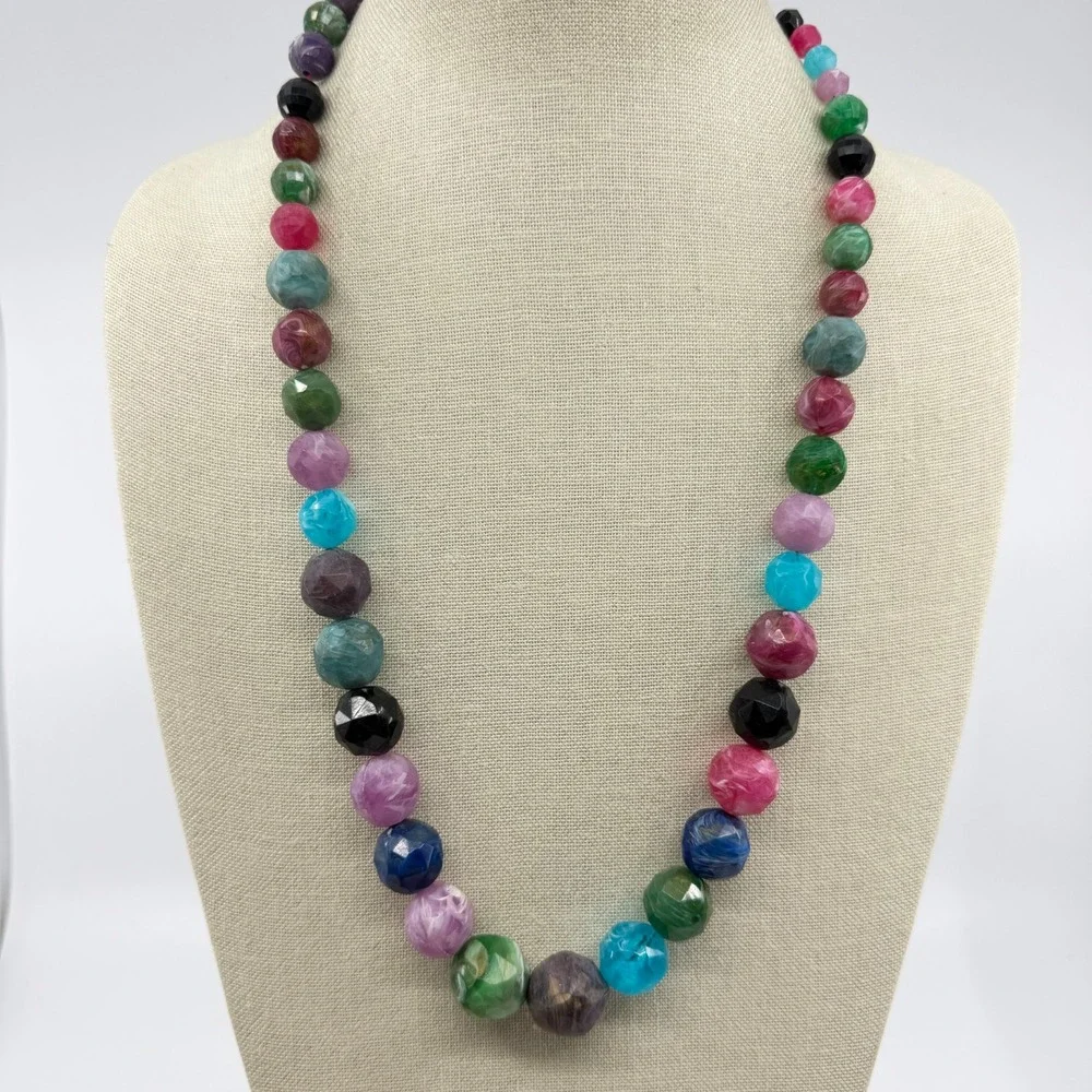 Multicolor Faceted Marbled Bead Long Necklace Chunky Boho Statement Jewelry